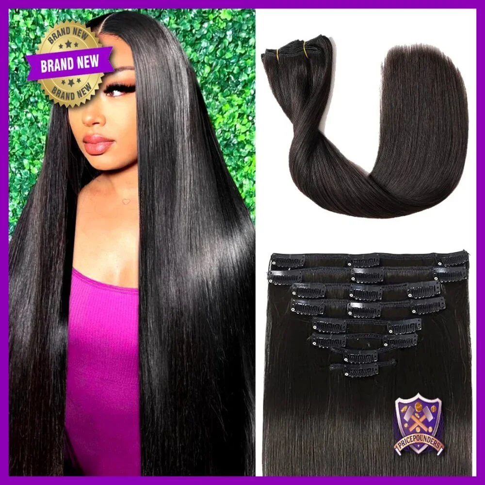 16 Inch Clip-In Human Hair Extensions, 100g Brazilian Remy, 8 Pieces